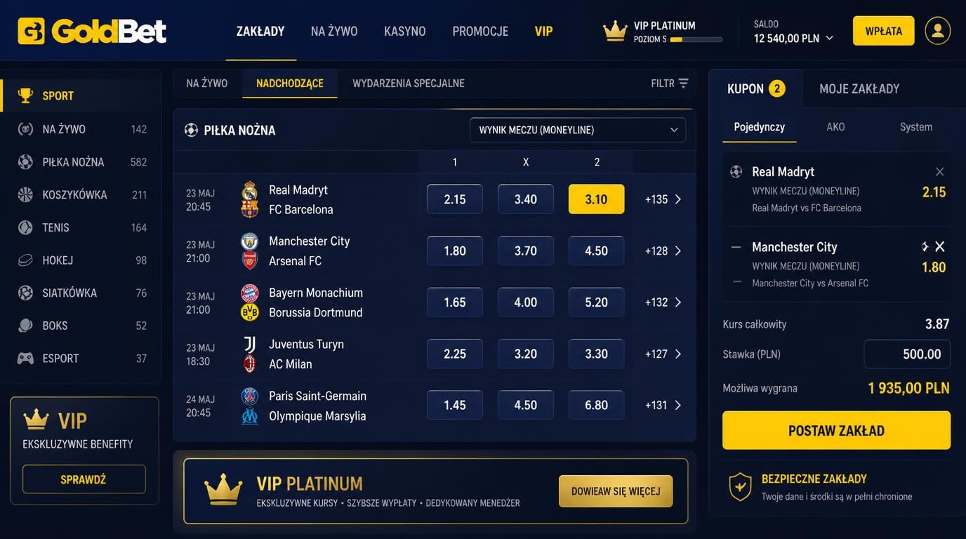 Widok kursów Moneyline z oznaczeniami + i – oraz opcją typowania VIP