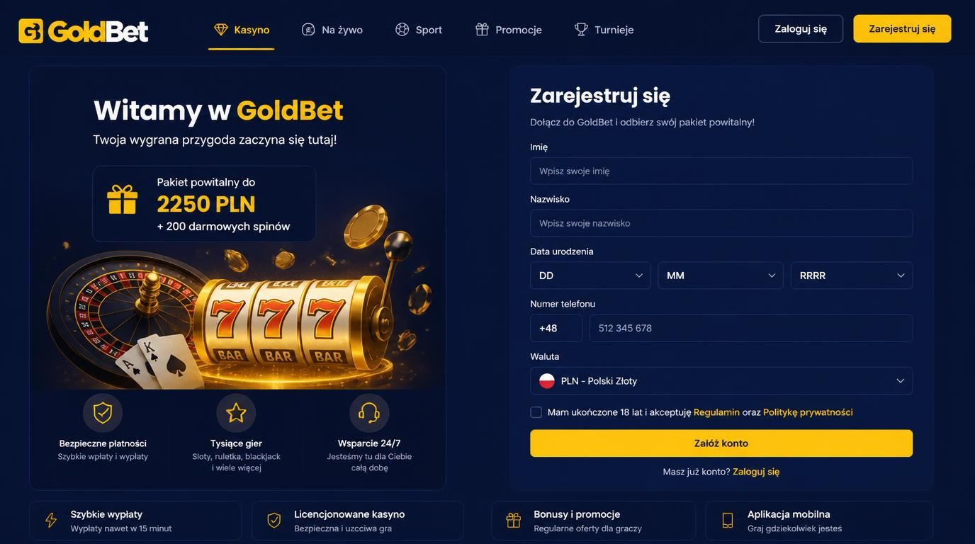 formularz rejestracji z wyborami dostosowanymi do Polski, waluta PLN, numer +48
