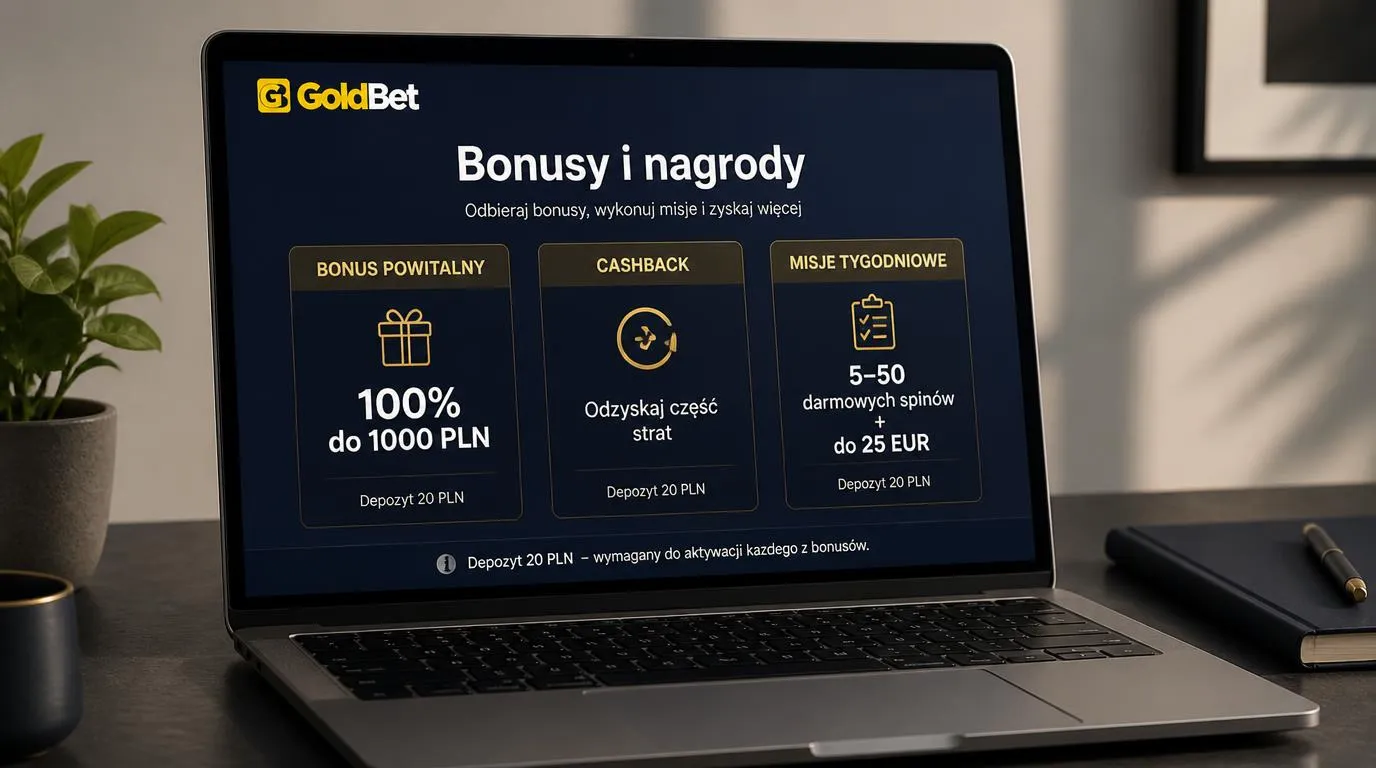 Ekran z zestawieniem bonusu powitalnego, cashbacku i nagród za cotygodniowe misje
