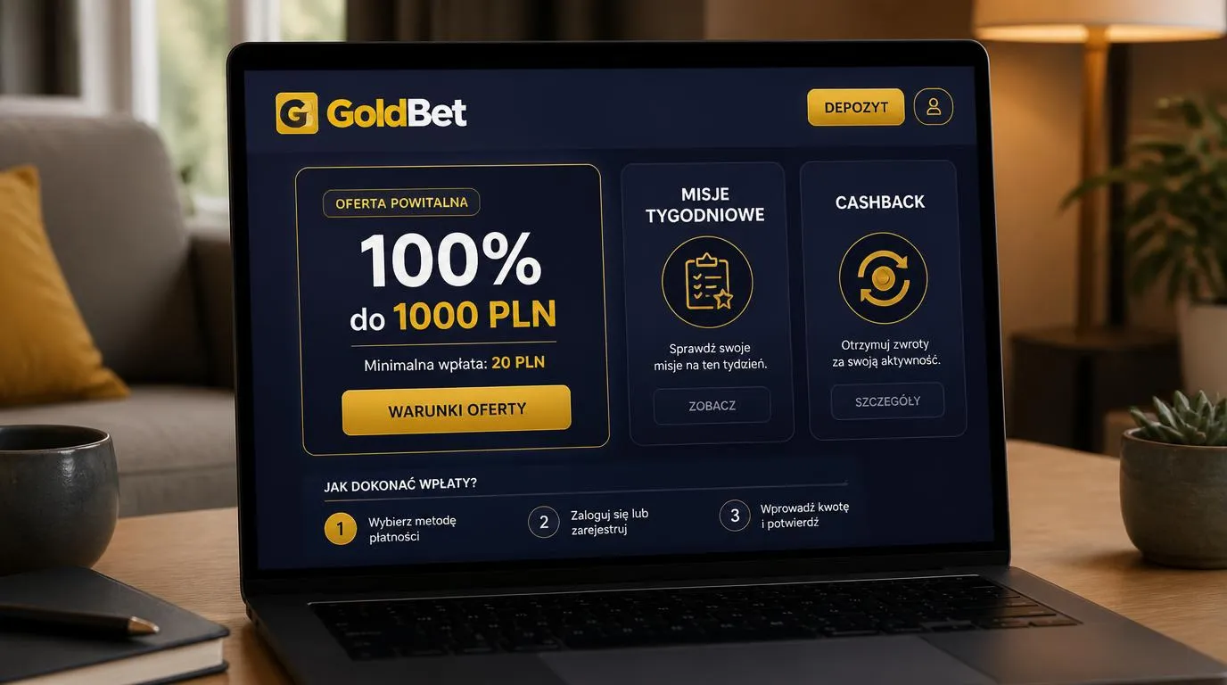 Ekran promocji kasyna z bonusem 100% do 1000 PLN i minimalną wpłatą 20 PLN
