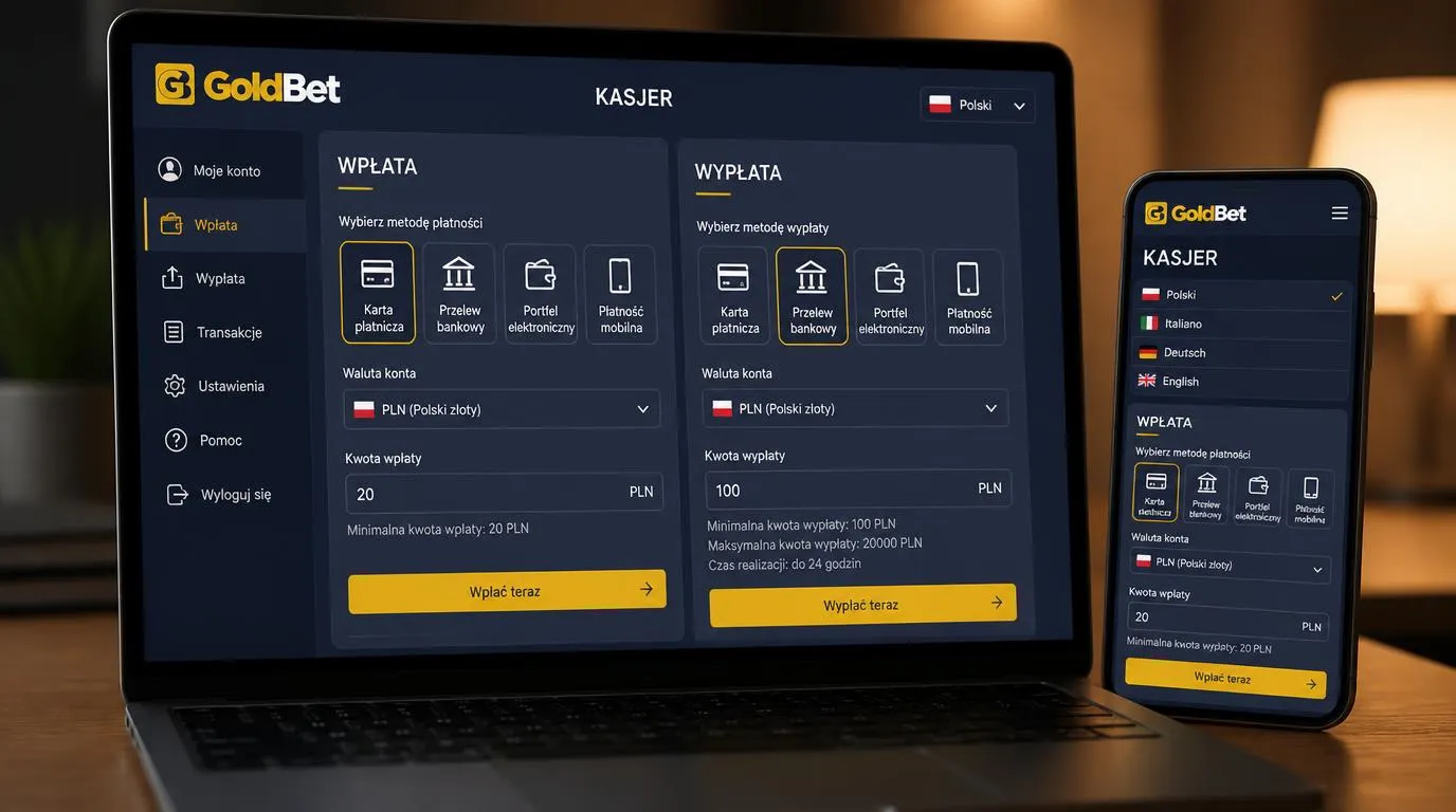 Widok kasy kasyna z metodami płatności, walutą PLN oraz informacją o limitach wypłat